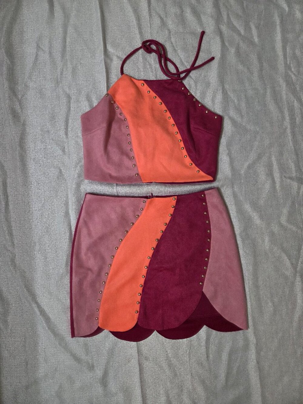Blushing brunette suede mini skirt set